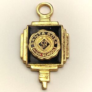 Vintage Santa Rosa High School SR Emblem Charm Pendant Gold Tone Black Enamel